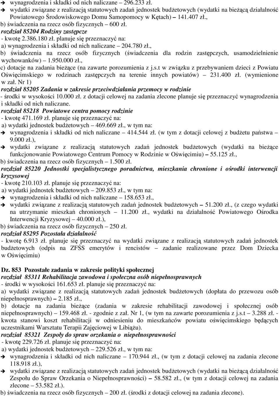 , b) świadczenia na rzecz osób fizycznych 600 zł. rozdział 85204 Rodziny zastępcze - kwotę 2.386.180 zł. planuje się przeznaczyć na: a) wynagrodzenia i składki od nich naliczane 204.780 zł.