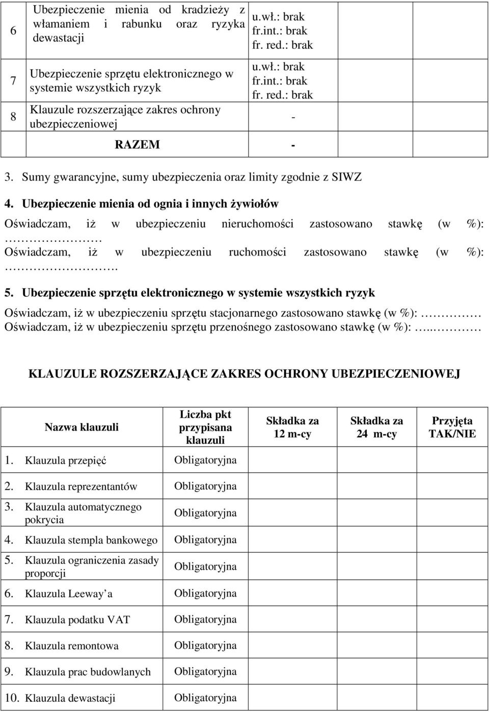 Ubezpieczenie mienia od ognia i innych żywiołów Oświadczam, iż w ubezpieczeniu nieruchomości zastosowano stawkę (w %): Oświadczam, iż w ubezpieczeniu ruchomości zastosowano stawkę (w %):. 5.