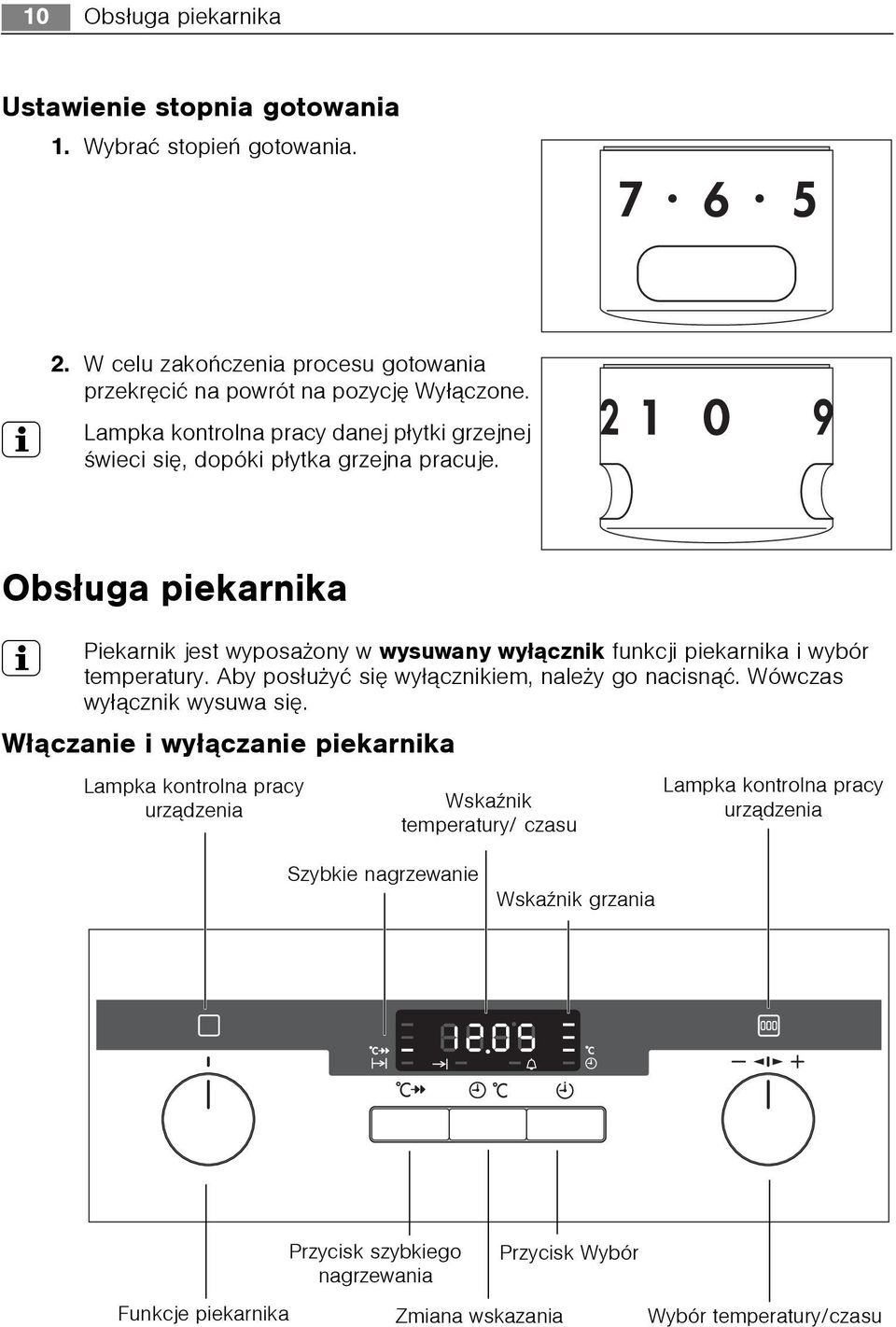 Obs³uga piekarnika 3 Piekarnik jest wyposa ony w wysuwany wy³¹cznik funkcji piekarnika i wybór temperatury. Aby pos³u yæ siê wy³¹cznikiem, nale y go nacisn¹æ.