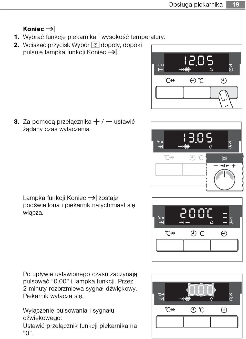 Lampka funkcji Koniec zostaje podœwietlona i piekarnik natychmiast siê w³¹cza. Po up³ywie ustawionego czasu zaczynaj¹ pulsowaæ 0.