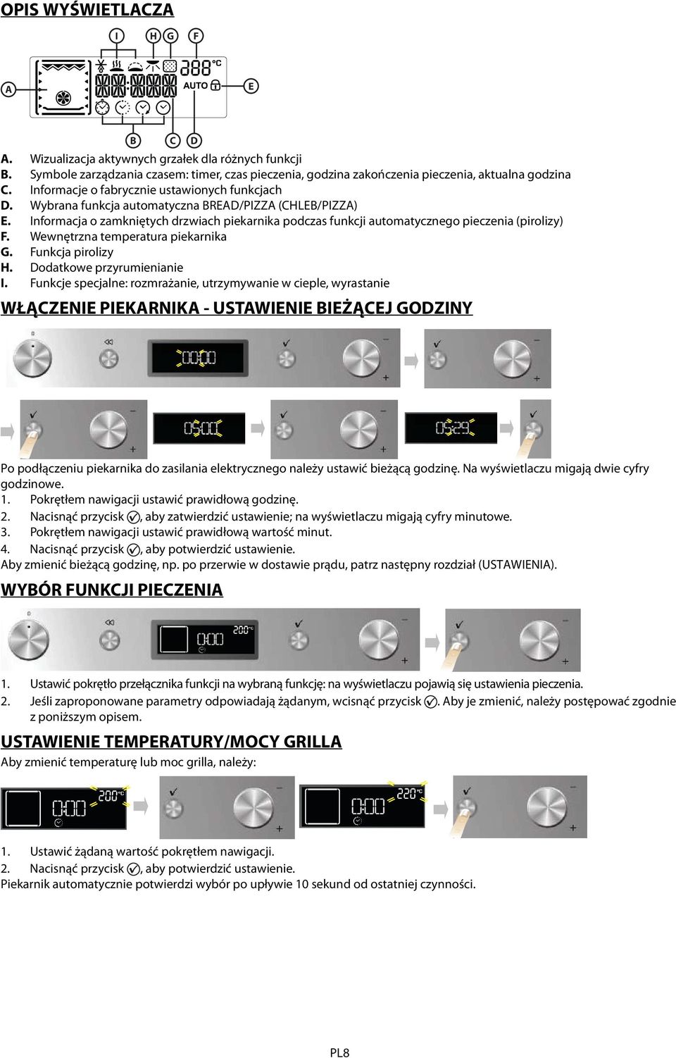 Informacja o zamkniętych drzwiach piekarnika podczas funkcji automatycznego pieczenia (pirolizy) F. Wewnętrzna temperatura piekarnika G. Funkcja pirolizy H. Dodatkowe przyrumienianie I.
