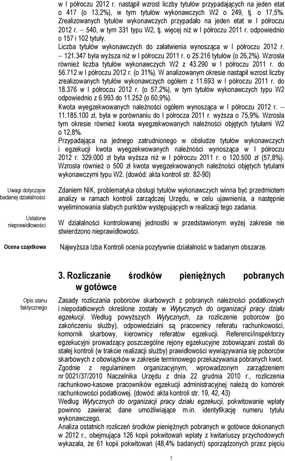 Liczba tytułów wykonawczych do załatwienia wynosząca w I półroczu 2012 r. 121.347 była wyższa niż w I półroczu 2011 r. o 25.216 tytułów (o 26,2%). Wzrosła również liczba tytułów wykonawczych W2 z 43.