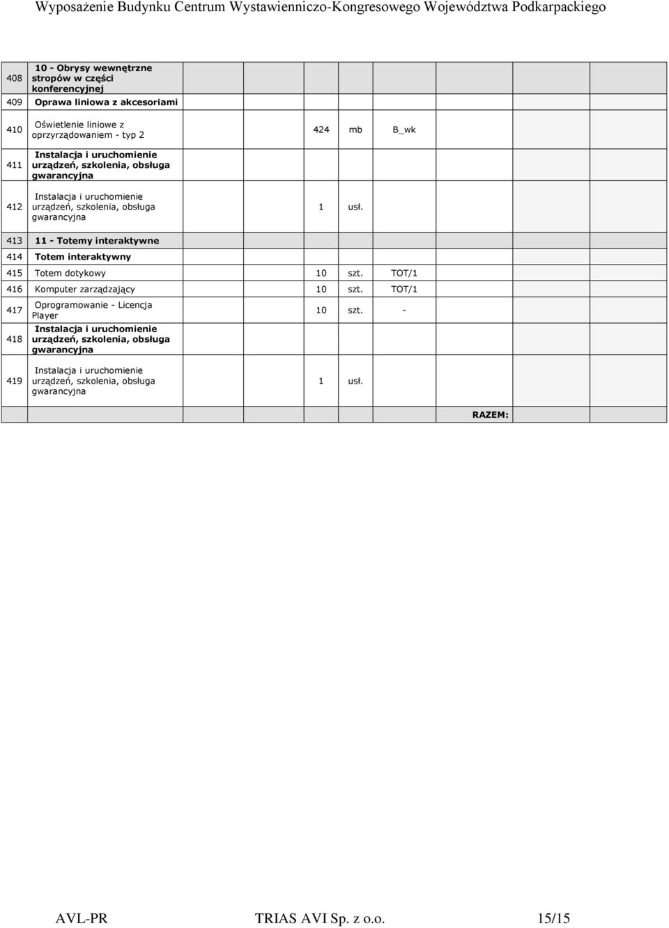 414 Totem interaktywny 415 Totem dotykowy 10 szt. TOT/1 416 Komputer zarządzający 10 szt.