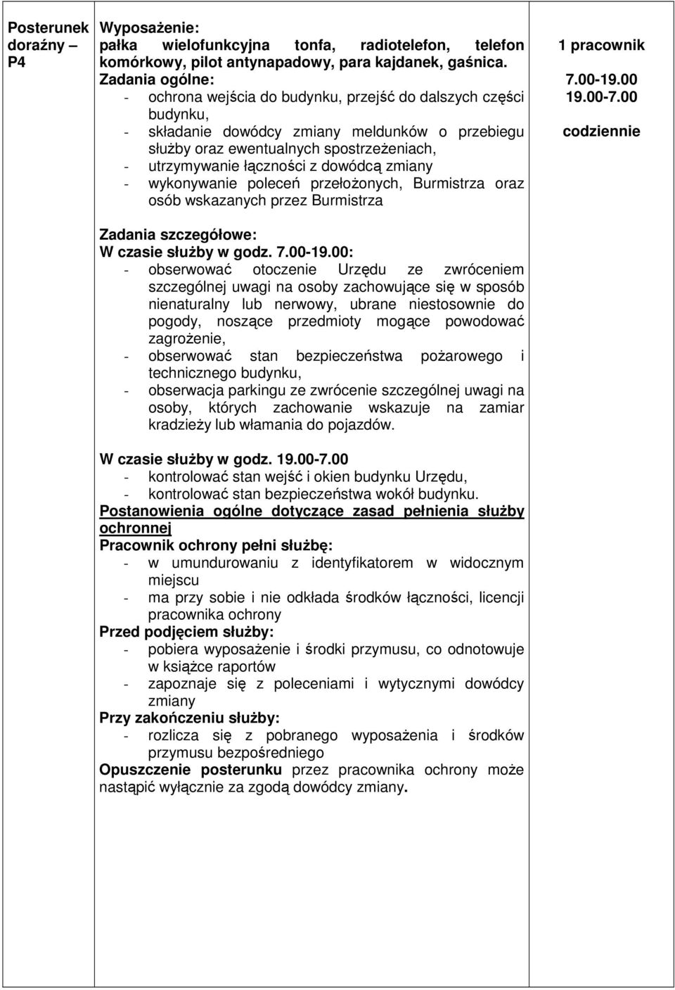 dowódcą zmiany - wykonywanie poleceń przełoŝonych, Burmistrza oraz osób wskazanych przez Burmistrza 1 pracownik 7.00-19.