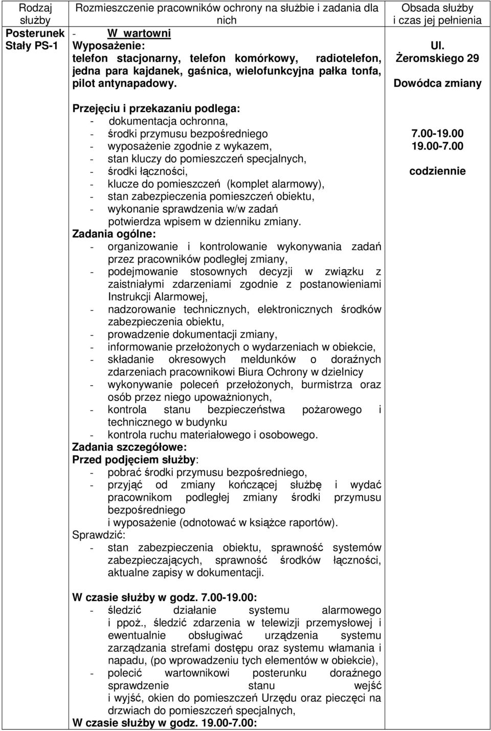 Przejęciu i przekazaniu podlega: - dokumentacja ochronna, - środki przymusu bezpośredniego - wyposaŝenie zgodnie z wykazem, - stan kluczy do pomieszczeń specjalnych, - środki łączności, - klucze do