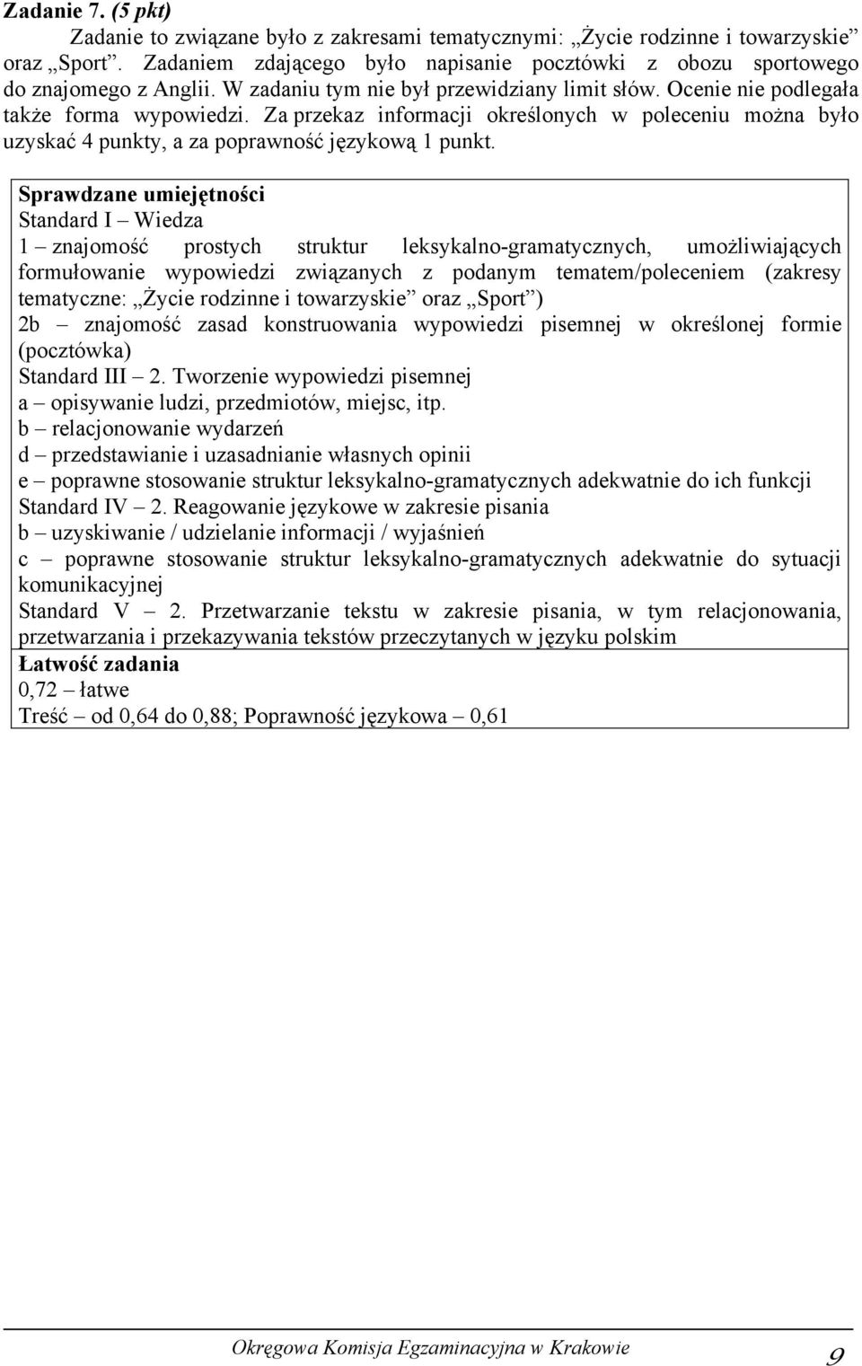 Sprawdzane umiejętności Standard I Wiedza 1 znajomość prostych struktur leksykalno-gramatycznych, umożliwiających formułowanie wypowiedzi związanych z podanym tematem/poleceniem (zakresy tematyczne: