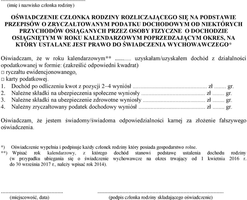 .. uzyskałam/uzyskałem dochód z działalności opodatkowanej w formie: (zakreślić odpowiedni kwadrat) ryczałtu ewidencjonowanego, karty podatkowej. 1. Dochód po odliczeniu kwot z pozycji 2 4 wyniósł.