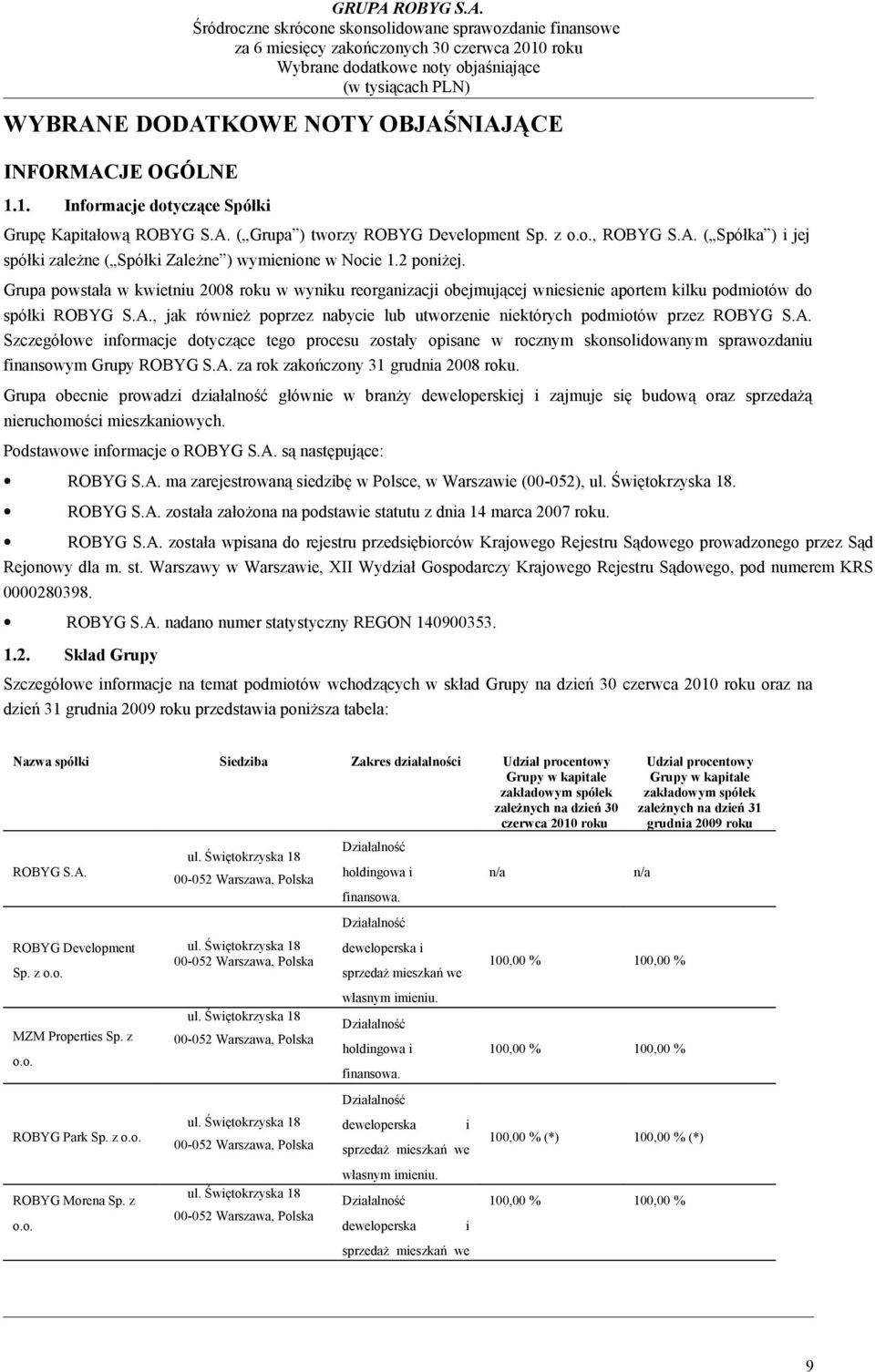 A. Szczegółwe infrmacje dtyczące teg prcesu zstały pisane w rcznym sknslidwanym sprawzdaniu finanswym Grupy ROBYG S.A. za rk zakńczny 31 grudnia 2008.