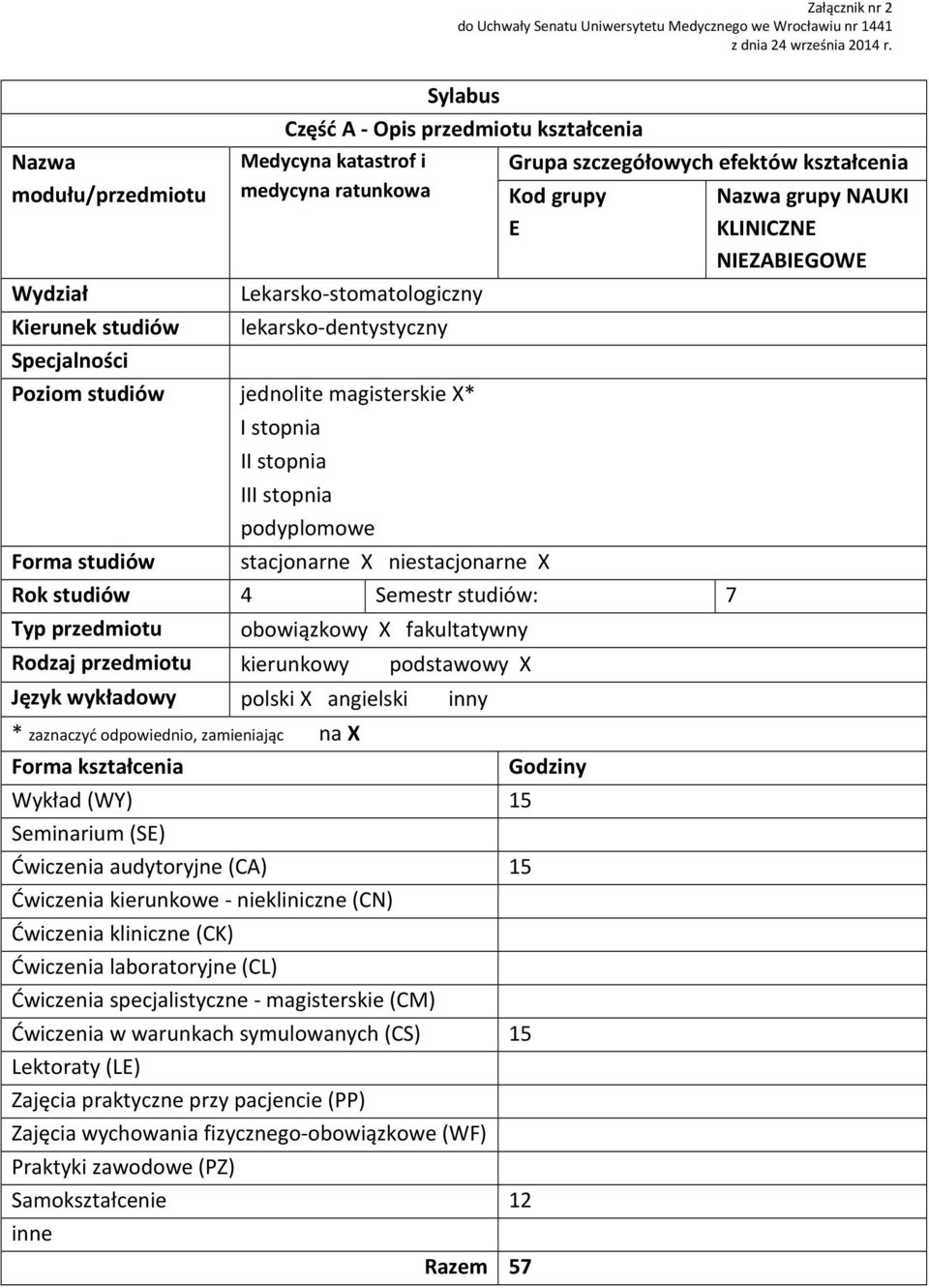 studiów 4 Semestr studiów: 7 Typ przedmiotu obowiązkowy X fakultatywny Rodzaj przedmiotu kierunkowy podstawowy X Język wykładowy polski X angielski inny * zaznaczyć odpowiednio, zamieniając na X
