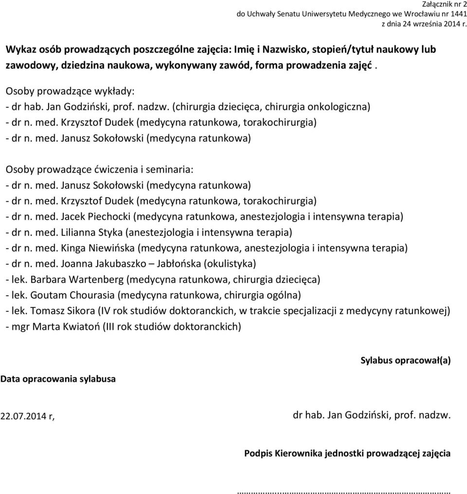 med. Janusz Sokołowski (medycyna ratunkowa) - dr n. med. Krzysztof Dudek (medycyna ratunkowa, torakochirurgia) - dr n. med. Jacek Piechocki (medycyna ratunkowa, anestezjologia i intensywna terapia) - dr n.