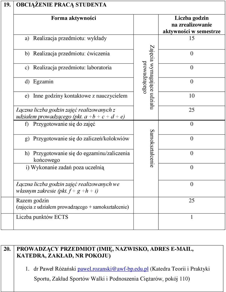 laboratoria 0 d) Egzamin 0 e) Inne godziny kontaktowe z nauczycielem 10 Łączna liczba godzin zajęć realizowanych z udziałem prowadzącego (pkt.