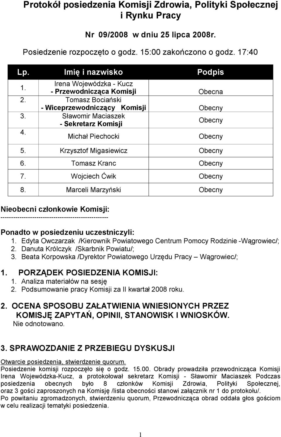 Krzysztof Migasiewicz Obecny 6. Tomasz Kranc Obecny 7. Wojciech Ćwik Obecny 8.