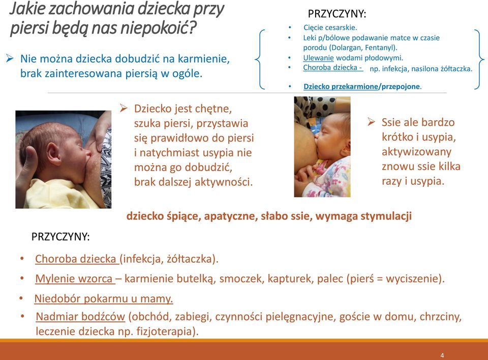 Leki p/bólowe podawanie matce w czasie porodu (Dolargan, Fentanyl). Ulewanie wodami płodowymi. Choroba dziecka - np. infekcja, nasilona żółtaczka. Dziecko przekarmione/przepojone.