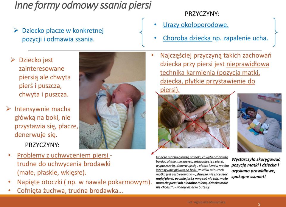 Najczęściej przyczyną takich zachowań dziecka przy piersi jest nieprawidłowa technika karmienia (pozycja matki, dziecka, płytkie przystawienie do piersi).