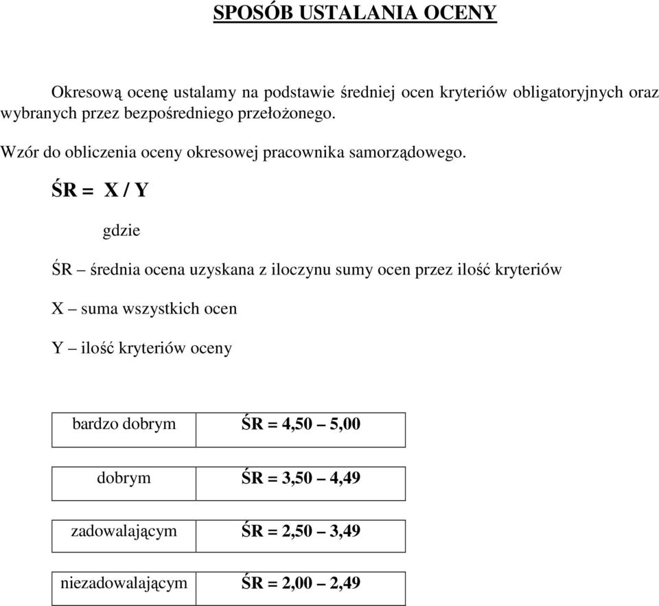 ŚR = X / Y gdzie ŚR średnia ocena uzyskana z iloczynu sumy ocen przez ilość kryteriów X suma wszystkich ocen Y