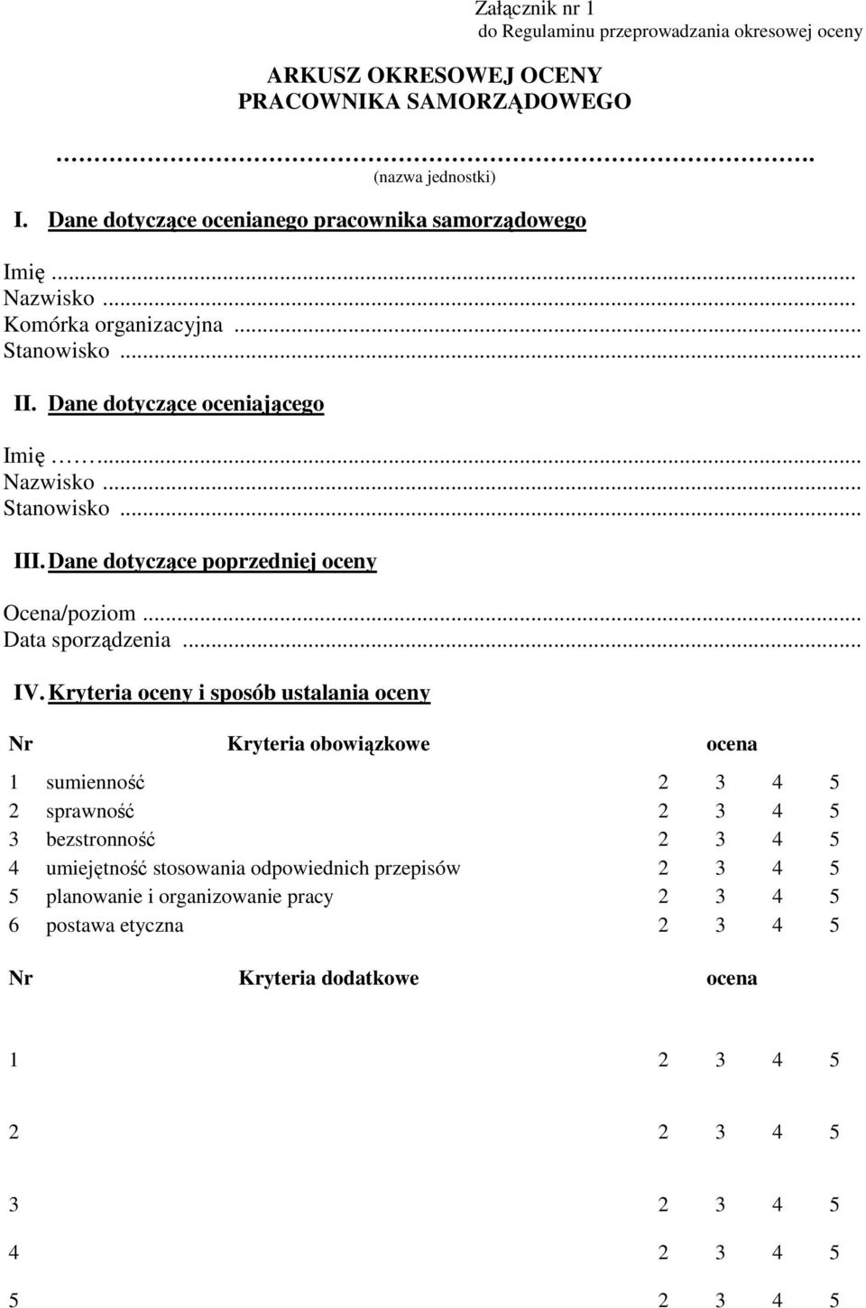 Dane dotyczące poprzedniej oceny Ocena/poziom... Data sporządzenia... IV.