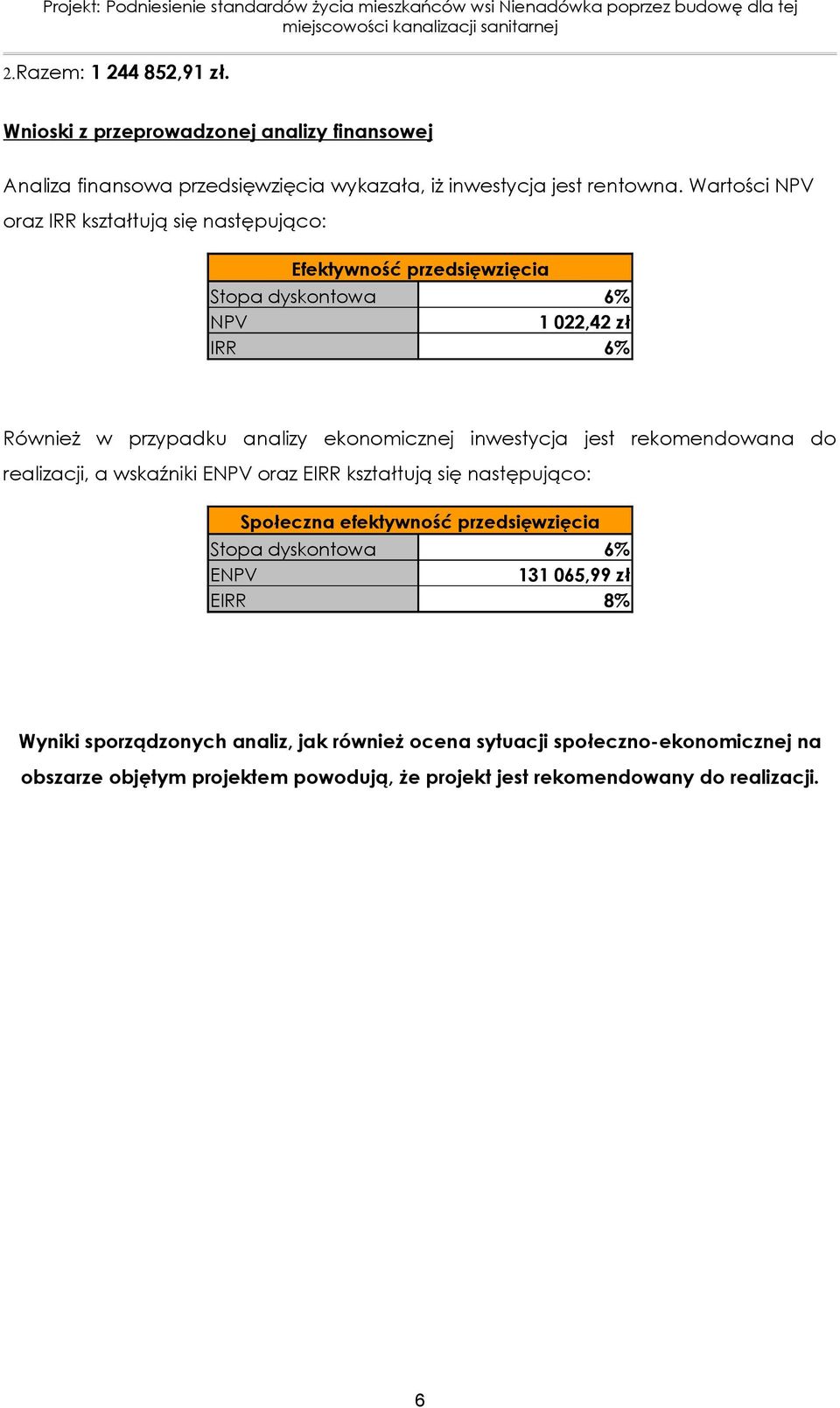 inwestycja jest rekomendowana do realizacji, a wskaźniki ENPV oraz EIRR kształtują się następująco: Społeczna efektywność przedsięwzięcia Stopa dyskontowa 6% ENPV