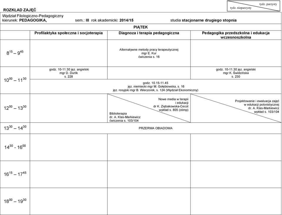 Wieczorek, s. 124 (Wydział Ekonomiczny) godz. 10-11.30 jęz. angielski mgr K. Świdzińska s.