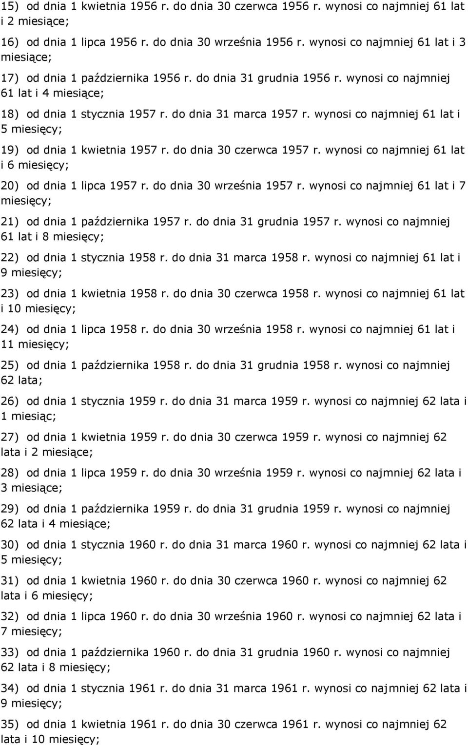 wynosi co najmniej 61 lat i 5 miesięcy; 19) od dnia 1 kwietnia 1957 r. do dnia 30 czerwca 1957 r. wynosi co najmniej 61 lat i 6 miesięcy; 20) od dnia 1 lipca 1957 r. do dnia 30 września 1957 r.