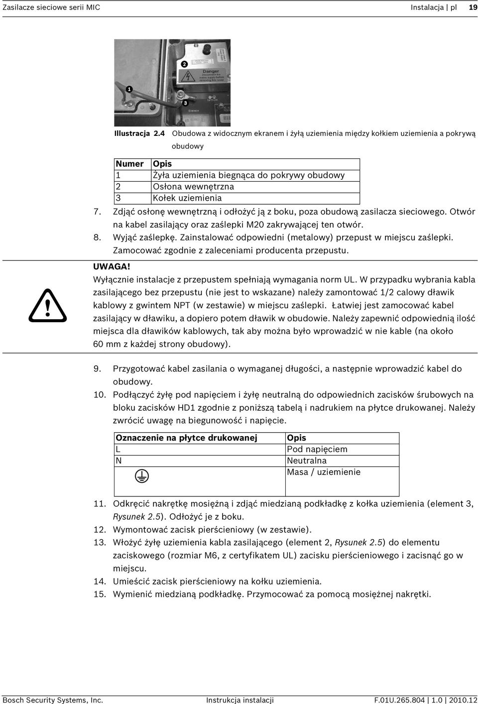 Zdjąć osłonę wewnętrzną i odłożyć ją z boku, poza obudową zasilacza sieciowego. Otwór na kabel zasilający oraz zaślepki M20 zakrywającej ten otwór. 8. Wyjąć zaślepkę.