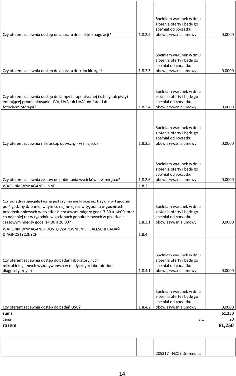 1.8.2.4 Czy oferent zapewnia mikroskop optyczny - w miejscu? 1.8.2.5 Czy oferent zapewnia zestaw do pobierania wycinków - w miejscu? 1.8.2.6 WARUNKI WYMAGANE - INNE 1.8.3 Czy poradnia specjalistyczna