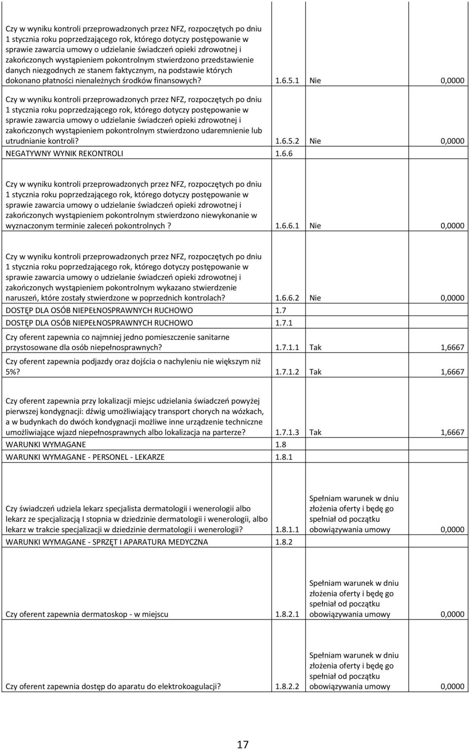 5.2 Nie 0,0000 NEGATYWNY WYNIK REKONTROLI 1.6.6 zakończonych wystąpieniem pokontrolnym stwierdzono niewykonanie w wyznaczonym terminie zaleceń pokontrolnych? 1.6.6.1 Nie 0,0000 zakończonych wystąpieniem pokontrolnym wykazano stwierdzenie naruszeń, które zostały stwierdzone w poprzednich kontrolach?