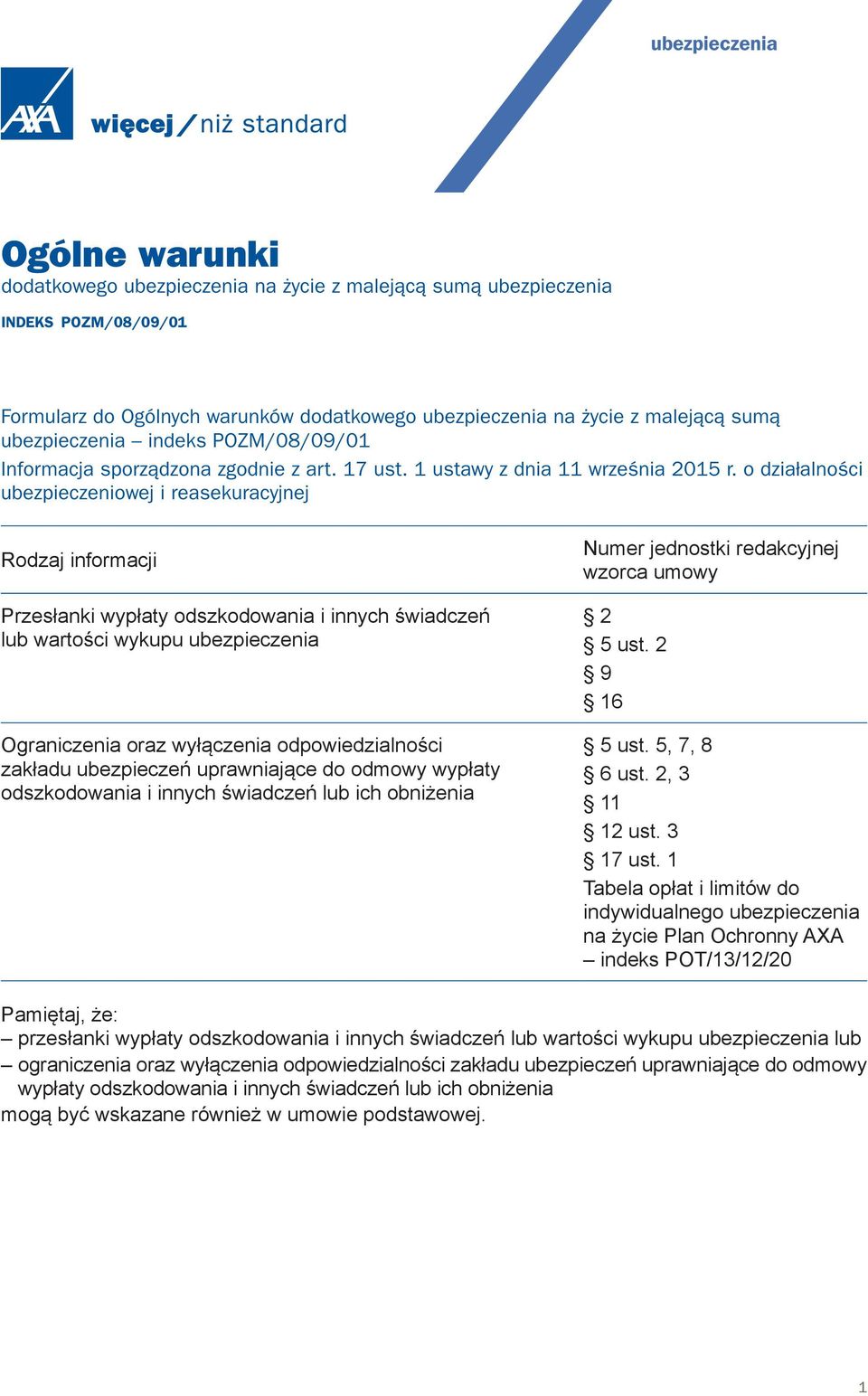 o działalności ubezpieczeniowej i reasekuracyjnej Rodzaj informacji Przesłanki wypłaty odszkodowania i innych świadczeń lub wartości wykupu ubezpieczenia Ograniczenia oraz wyłączenia