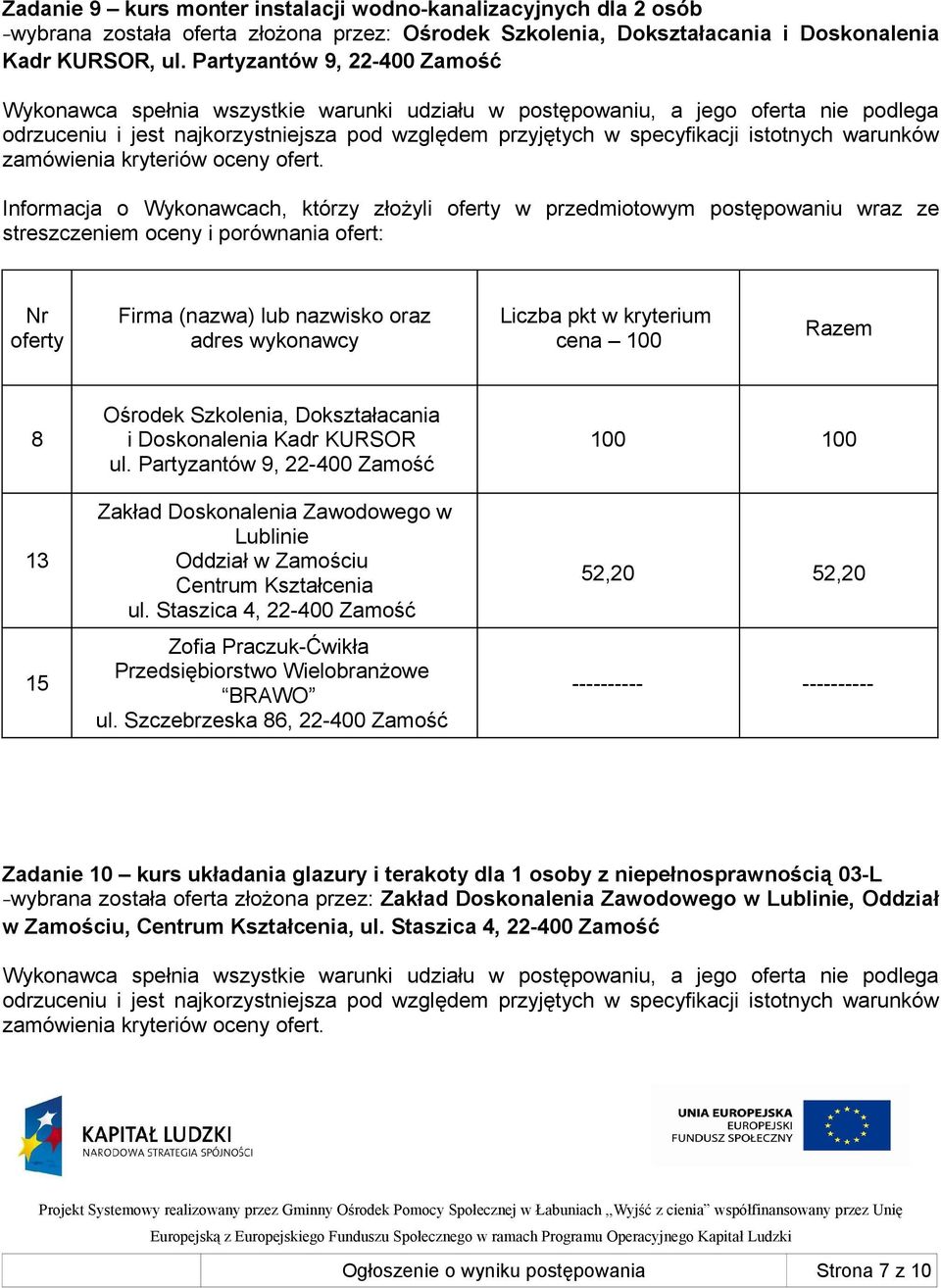 Szczebrzeska 6, 22-400 Zamość 52,20 52,20 Zadanie 10 kurs układania glazury i terakoty dla 1 osoby z