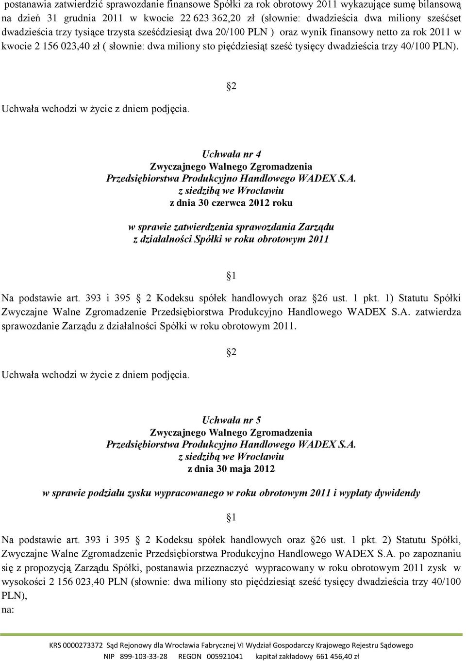 40/100 PLN). Uchwała nr 4 z dnia 30 czerwca 2012 roku w sprawie zatwierdzenia sprawozdania Zarządu z działalności Spółki w roku obrotowym 2011 Na podstawie art.