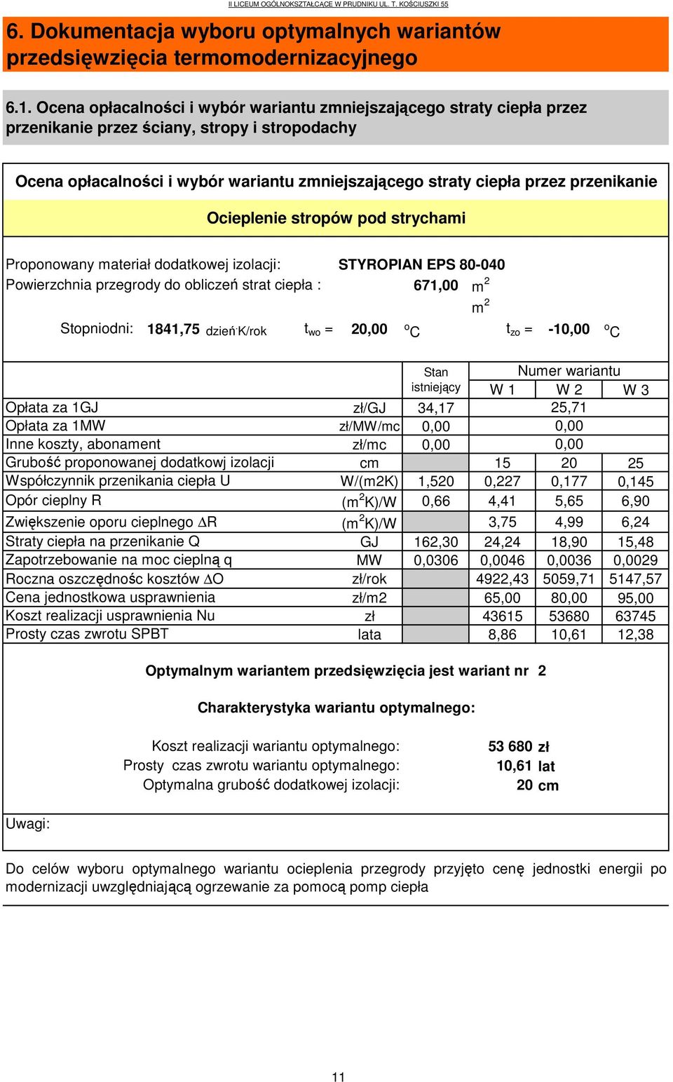 przenikanie Ocieplenie stropów pod strychami Proponowany materiał dodatkowej izolacji: STYROPIAN EPS 80-040 Powierzchnia przegrody do obliczeń strat ciepła : 671,00 m 2 Stopniodni: 1841,75 dzień.