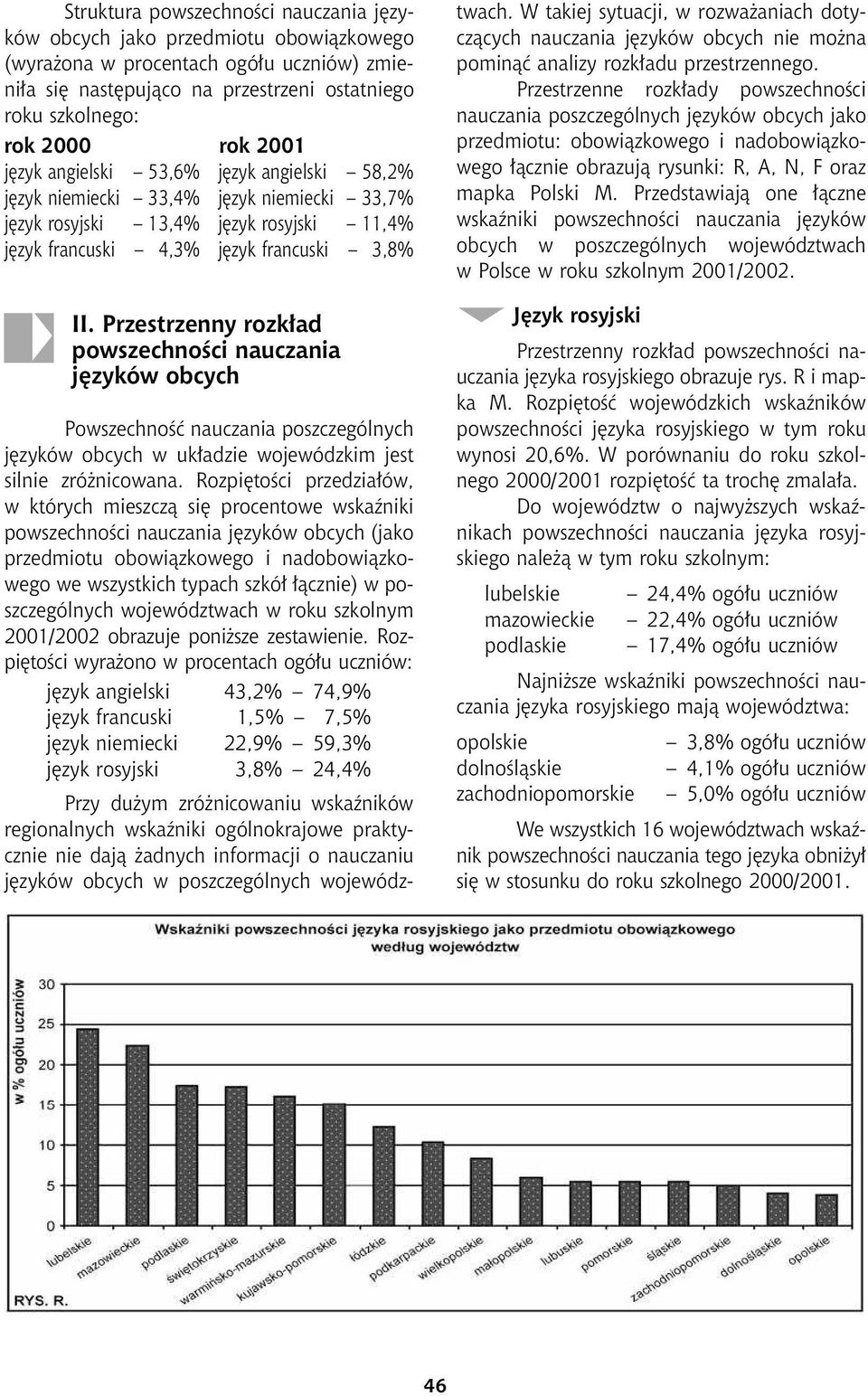 Przestrzenny rozkład powszechności nauczania języków obcych Powszechnoœæ nauczania poszczególnych jêzyków obcych w uk³adzie wojewódzkim jest silnie zró nicowana.