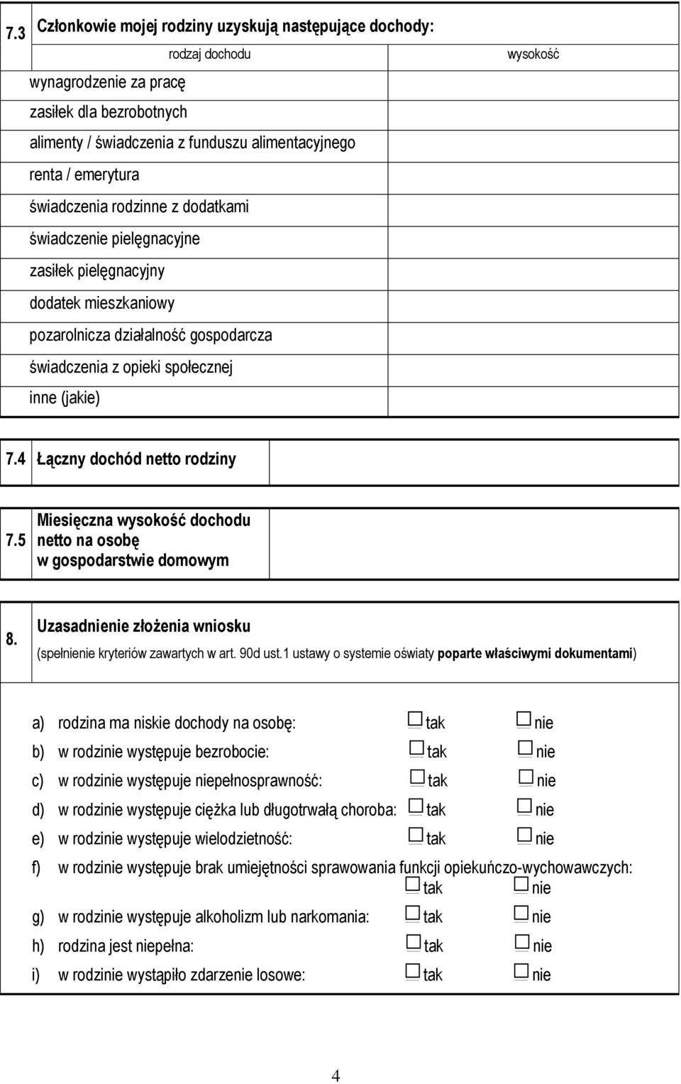 4 Łączny dochód netto rodziny 7.5 Miesięczna wysokość dochodu netto na osobę w gospodarstwie domowym 8. Uzasadnienie złożenia wniosku (spełnienie kryteriów zawartych w art. 90d ust.