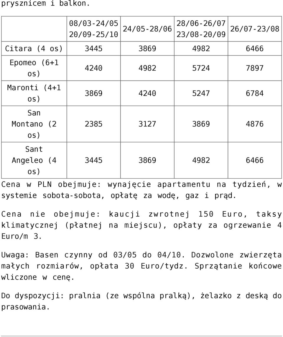 3869 4240 5247 6784 2385 3127 3869 4876 Sant Angeleo (4 3445 3869 4982 6466 os) Cena w PLN obejmuje: wynajęcie apartamentu na tydzień, w systemie sobota-sobota, opłatę za wodę,