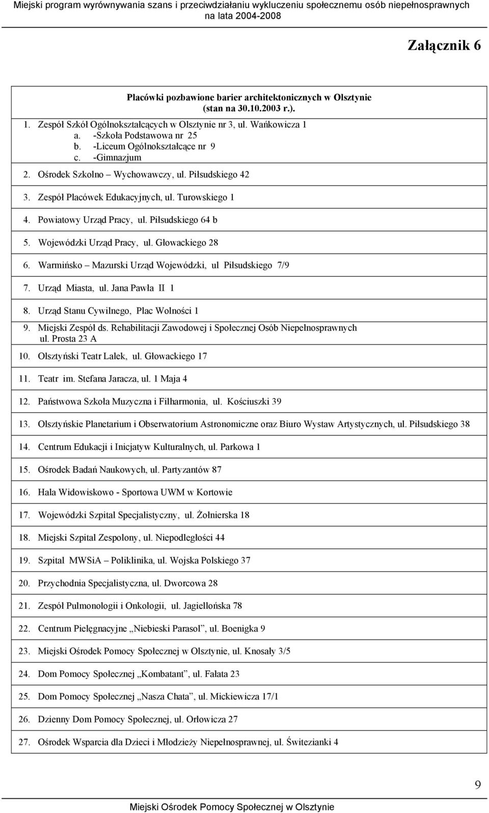 Wojewódzki Urząd Pracy, ul. Głowackiego 28 6. Warmińsko Mazurski Urząd Wojewódzki, ul Piłsudskiego 7/9 7. Urząd Miasta, ul. Jana Pawła II 1 8. Urząd Stanu Cywilnego, Plac Wolności 1 9.