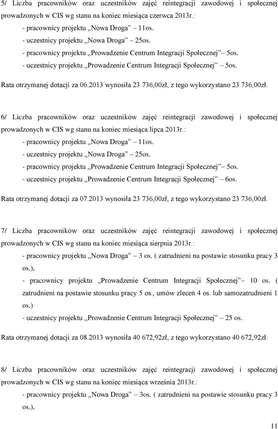 Rata otrzymanej dotacji za 06.2013 wynosiła 23 736,00zł, z tego wykorzystano 23 736,00zł.