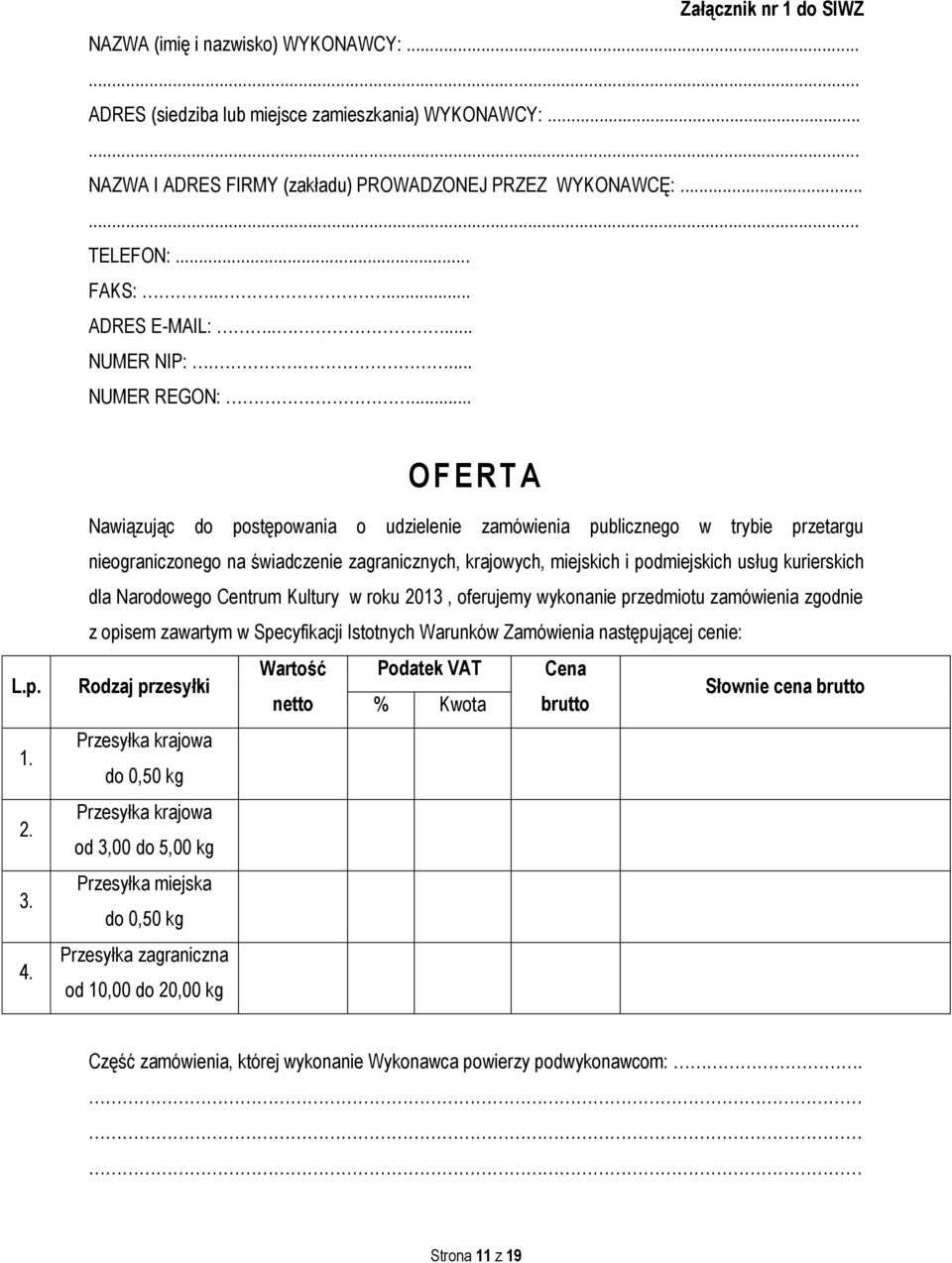 Nawiązując do postępowania o udzielenie zamówienia publicznego w trybie przetargu nieograniczonego na świadczenie zagranicznych, krajowych, miejskich i podmiejskich usług kurierskich dla Narodowego