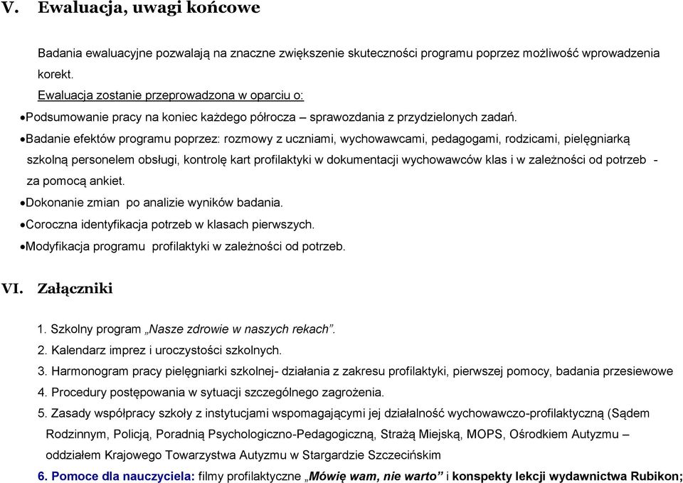 Badanie efektów programu poprzez: rozmowy z uczniami, wychowawcami, ami, rodzicami, pielęgniarką szkolną personelem obsługi, kontrolę kart profilaktyki w dokumentacji wychowawców klas i w zależności