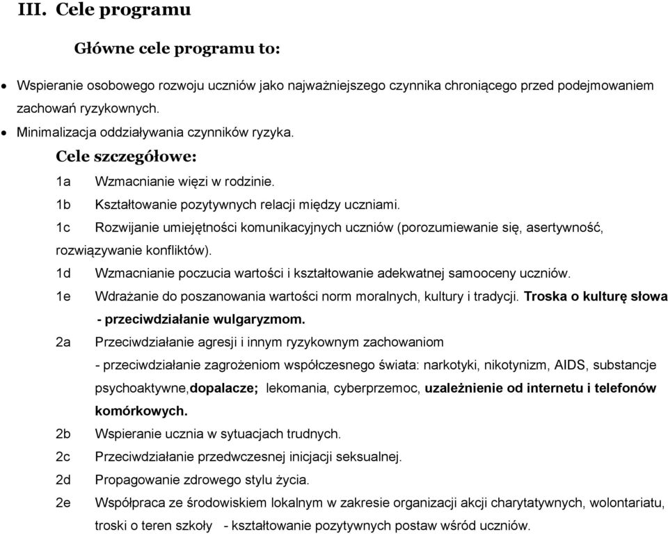 1c Rozwijanie umiejętności komunikacyjnych uczniów (porozumiewanie się, asertywność, rozwiązywanie konfliktów). 1d Wzmacnianie poczucia wartości i kształtowanie adekwatnej samooceny uczniów.