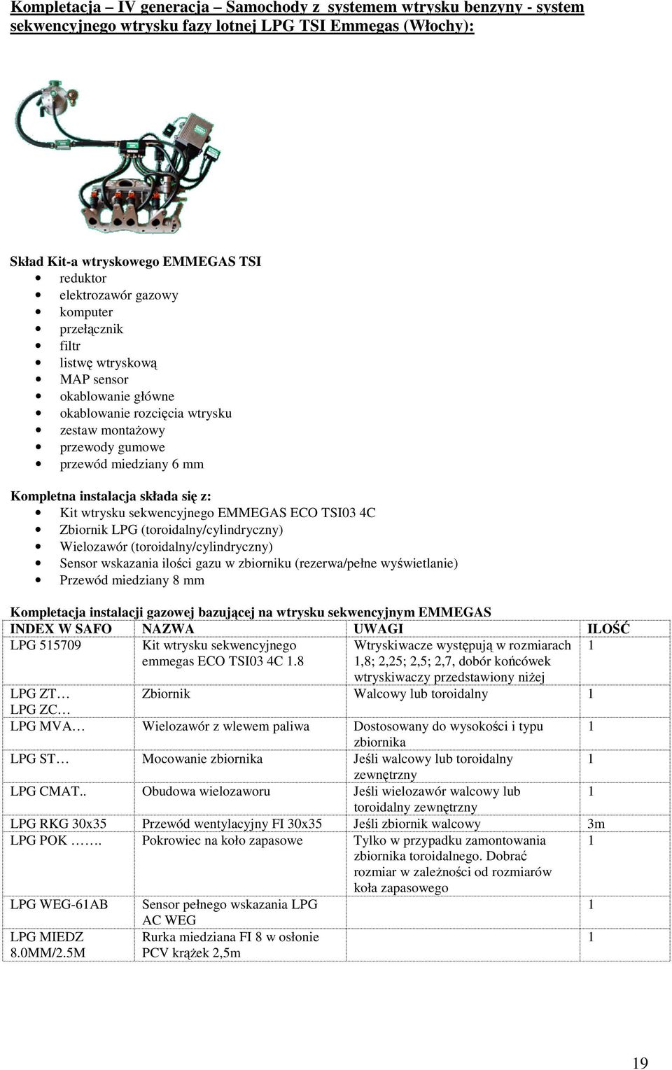wtrysku sekwencyjnego EMMEGAS ECO TSI03 4C Zbiornik LPG (toroidalny/cylindryczny) Wielozawór (toroidalny/cylindryczny) Sensor wskazania ilości gazu w zbiorniku (rezerwa/pełne wyświetlanie) Przewód