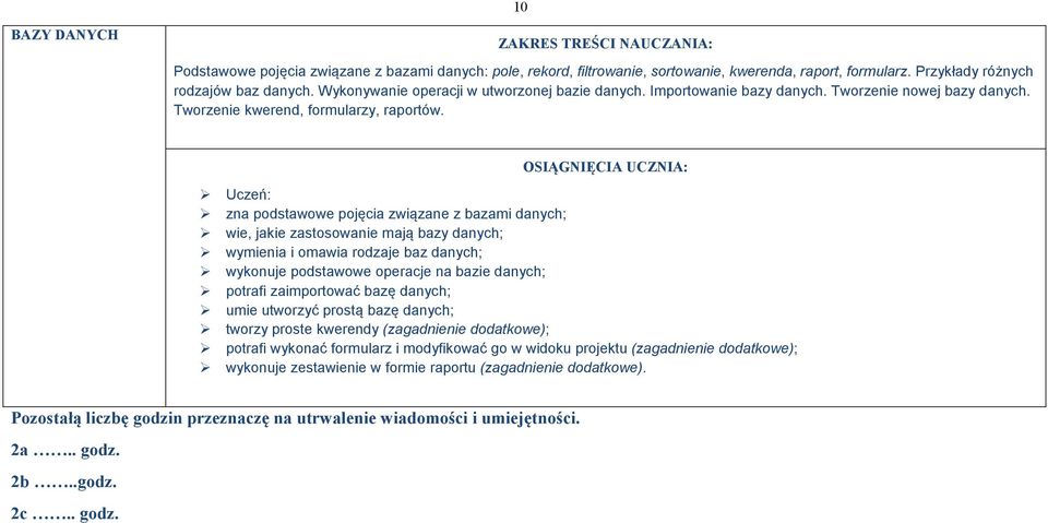 zna podstawowe pojęcia związane z bazami danych; wie, jakie zastosowanie mają bazy danych; wymienia i omawia rodzaje baz danych; wykonuje podstawowe operacje na bazie danych; potrafi zaimportować