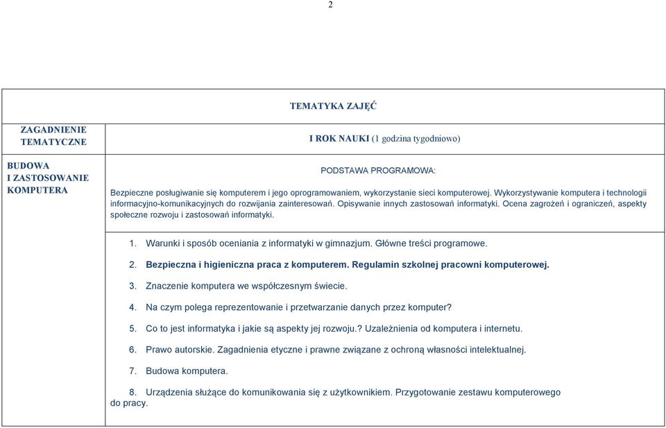 Ocena zagrożeń i ograniczeń, aspekty społeczne rozwoju i zastosowań informatyki. 1. Warunki i sposób oceniania z informatyki w gimnazjum. Główne treści programowe. 2.