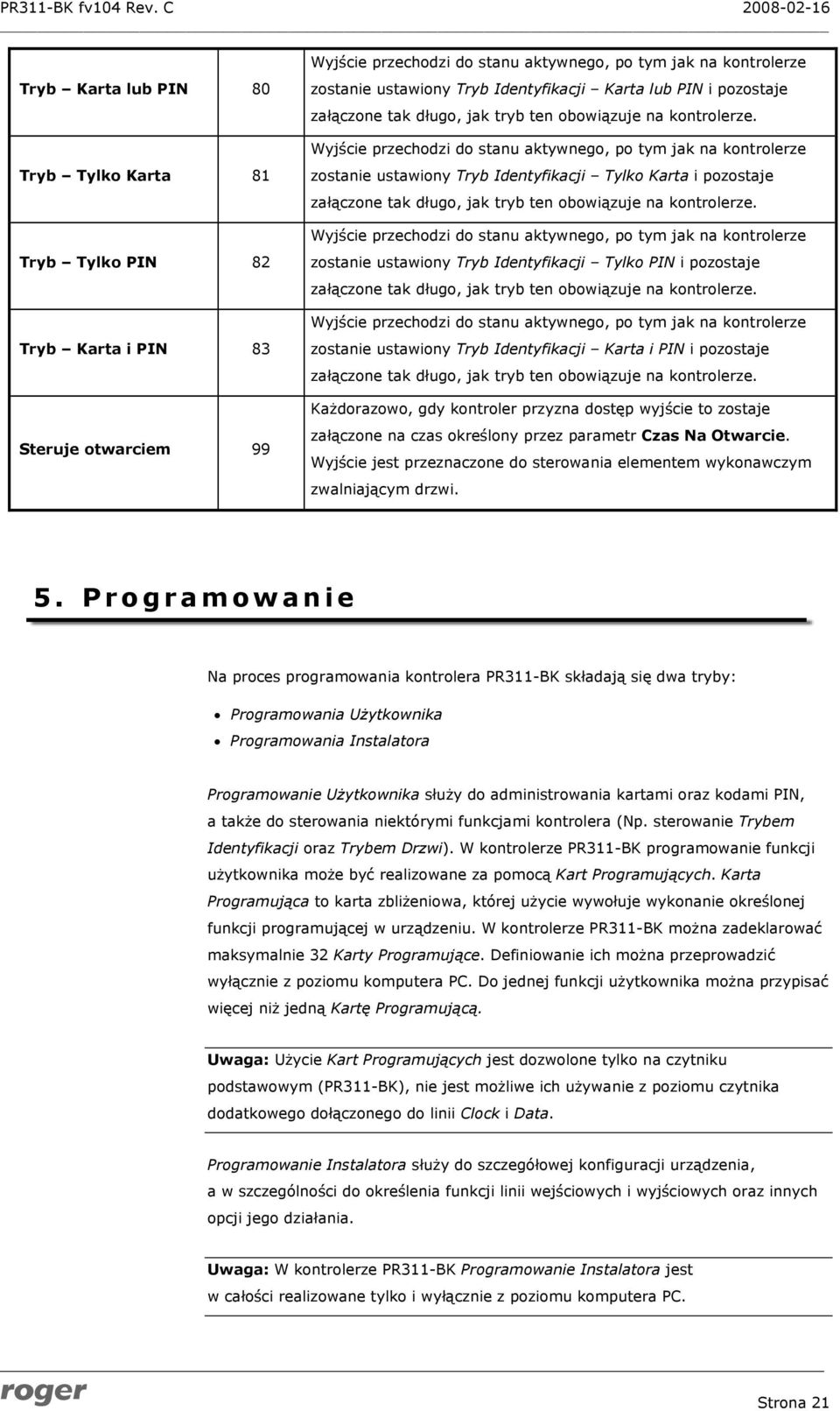 Wyjście przechodzi do stanu aktywnego, po tym jak na kontrolerze zostanie ustawiony Tryb Identyfikacji Tylko Karta i pozostaje załączone tak długo, jak tryb ten obowiązuje na kontrolerze.