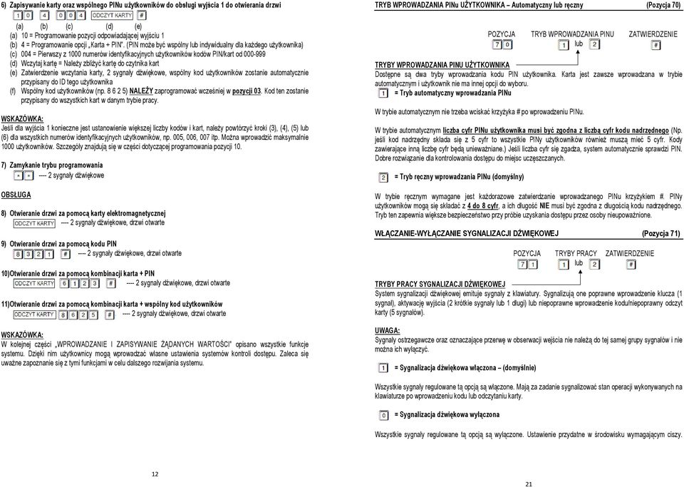 (PIN może być wspólny lub indywidualny dla każdego użytkownika) (c) 004 = Pierwszy z 1000 numerów identyfikacyjnych użytkowników kodów PIN/kart od 000-999 (d) Wczytaj kartę = Należy zbliżyć kartę do