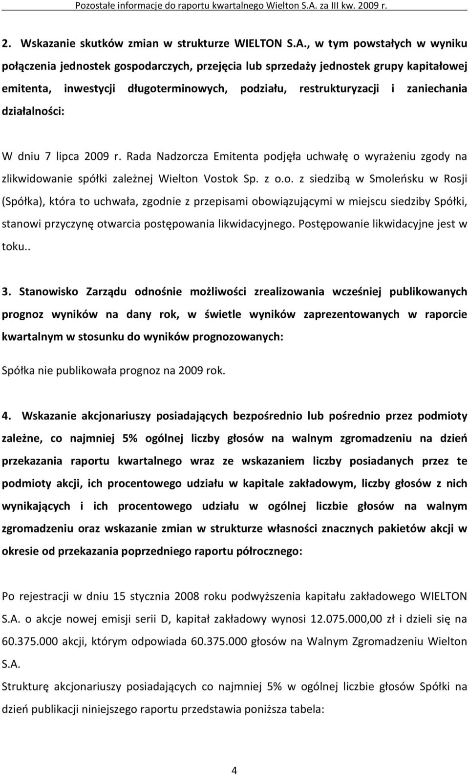 działalności: W dniu 7 lipca 2009 r. Rada Nadzorcza Emitenta podjęła uchwałę o wyrażeniu zgody na zlikwidowanie spółki zależnej Wielton Vostok Sp. z o.o. z siedzibą w Smoleńsku w Rosji (Spółka), która to uchwała, zgodnie z przepisami obowiązującymi w miejscu siedziby Spółki, stanowi przyczynę otwarcia postępowania likwidacyjnego.
