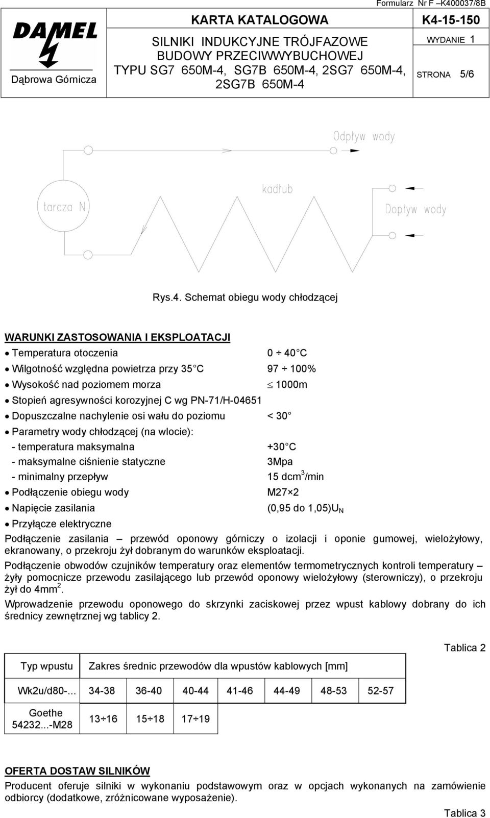 korozyjnej C wg PN-71/H-04651 1000m Dopuszczalne nachylenie osi wału do poziomu < 30 Parametry wody chłodzącej (na wlocie): - temperatura maksymalna +30 C - maksymalne ciśnienie statyczne 3Mpa -