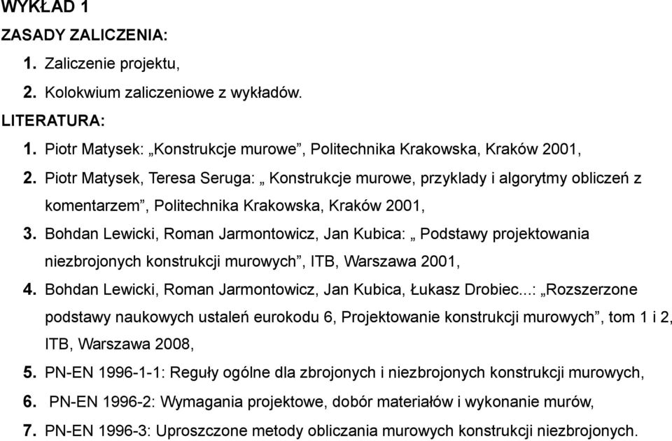 Bohdan Lewicki, Roman Jarmontowicz, Jan Kubica: Podstawy projektowania niezbrojonych konstrukcji murowych, ITB, Warszawa 2001, 4. Bohdan Lewicki, Roman Jarmontowicz, Jan Kubica, Łukasz Drobiec.