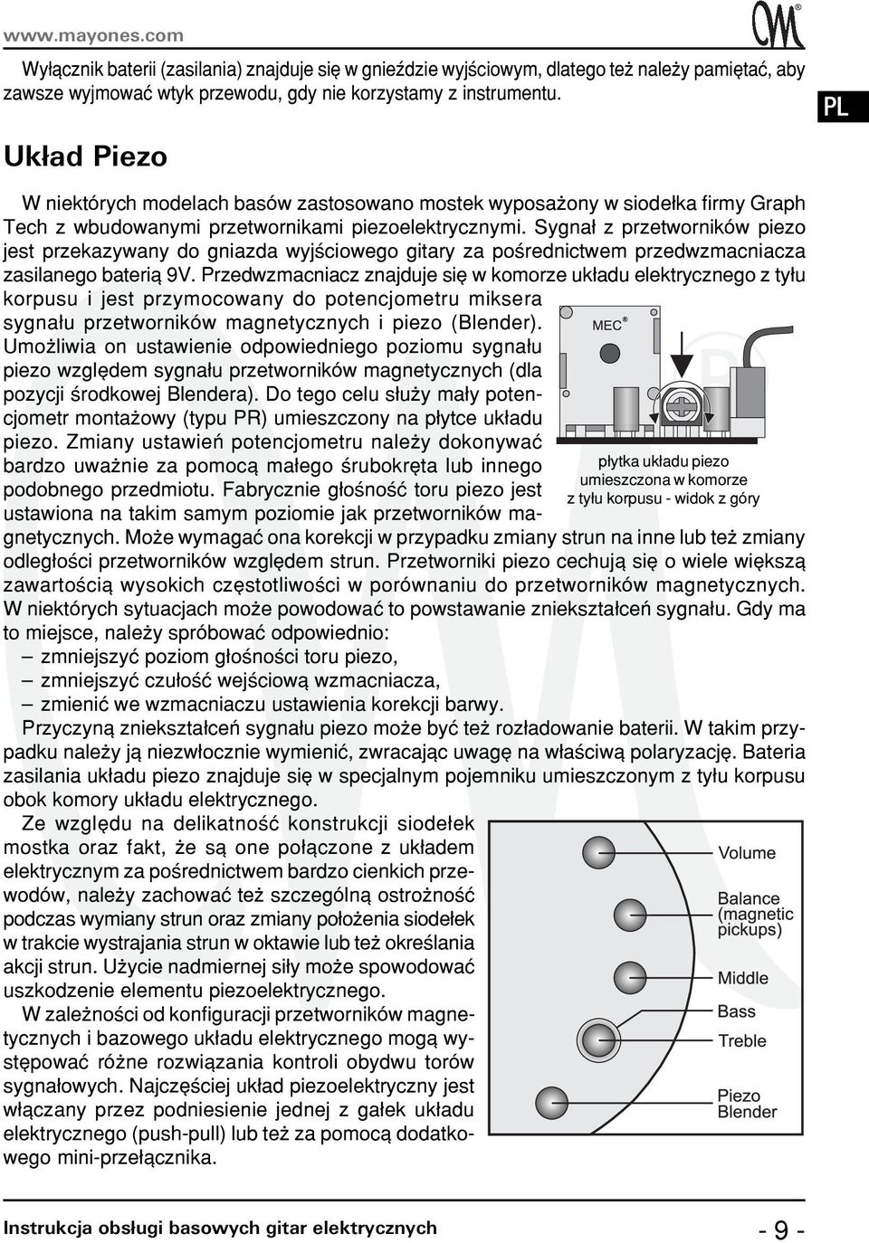 Sygna³ z przetworników piezo jest przekazywany do gniazda wyjœciowego gitary za poœrednictwem przedwzmacniacza zasilanego bateri¹ 9V.