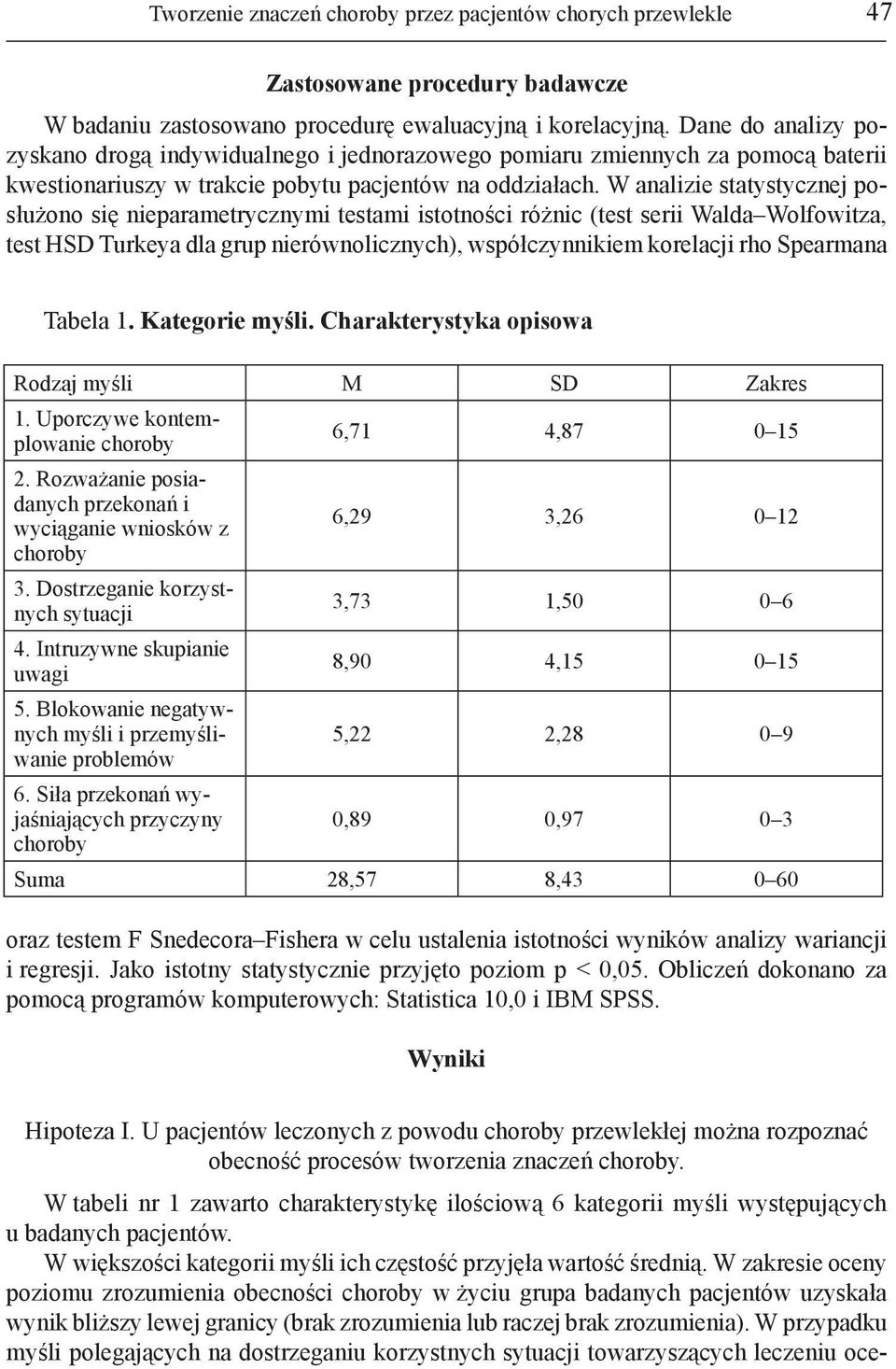 W analizie statystycznej posłużono się nieparametrycznymi testami istotności różnic (test serii Walda Wolfowitza, test HSD Turkeya dla grup nierównolicznych), współczynnikiem korelacji rho Spearmana