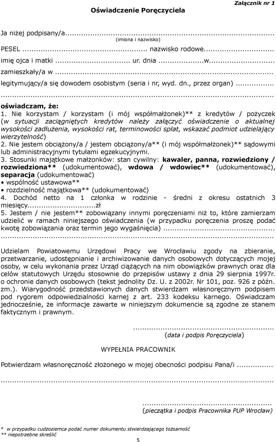 Nie korzystam / korzystam (i mój współmałżonek)** z kredytów / pożyczek (w sytuacji zaciągniętych kredytów należy załączyć oświadczenie o aktualnej wysokości zadłużenia, wysokości rat, terminowości