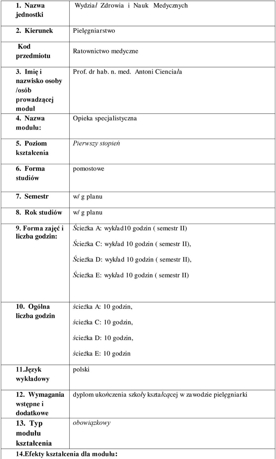 Forma zajęć i liczba godzin: Ścieżka A: wykład10 godzin ( semestr II) Ścieżka C: wykład 10 godzin ( semestr II), Ścieżka D: wykład 10 godzin ( semestr II), Ścieżka E: wykład 10 godzin ( semestr II)
